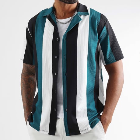 LBO - Camisa De Manga Corta A Rayas Impreso 1920 Verde Botella Blanco Negro
