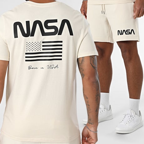 NASA - Conjunto Tee Shirt Y Pantalones Cortos Jogging Bandera Nacido En EE. UU. Beige Negro