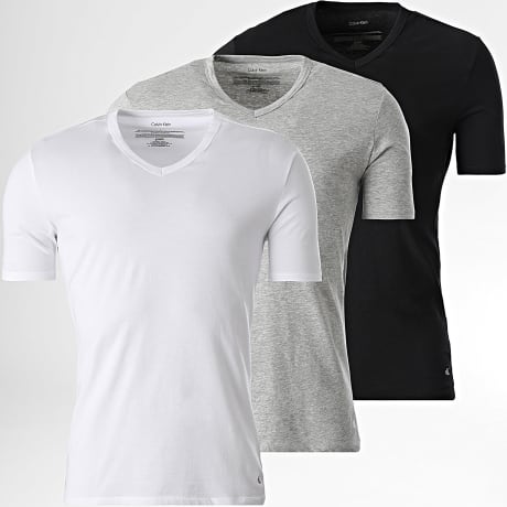 Calvin Klein - Lot De 3 Tee Shirts Col V 4186 Blanc Gris Chiné Noir