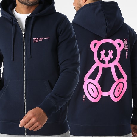 Teddy Yacht Club - Sudadera Con Capucha Cierre Fat Outline Azul Marino Rosa Fluo