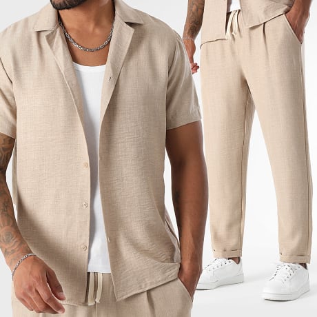 LBO - Co-ord Set Overhemd Korte Mouwen En Broek Linnen Effect 1550 Beige