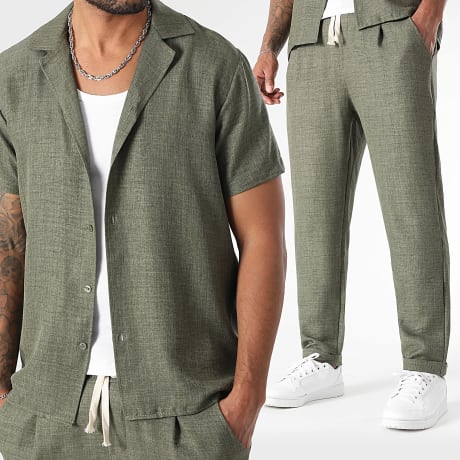 LBO - Short Sleeve Shirt And Linen Effect Trouser Set 1552 Khaki Green