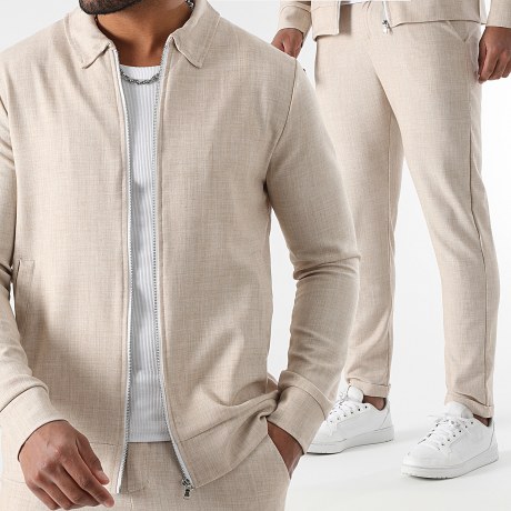 LBO - 2036 Beige getextureerde chino broek en jasje met rits