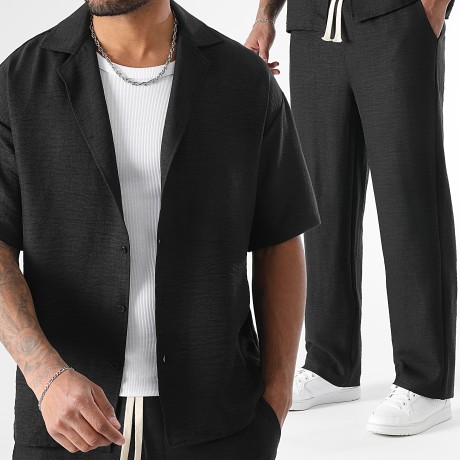 LBO - Conjunto Camisa de Manga Corta y Pantalón Efecto Lino Amplia 2058 Negro