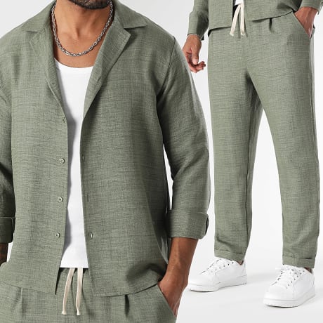 LBO - Long Sleeve Shirt and Linen Effect Trouser Set 2063 Khaki Green