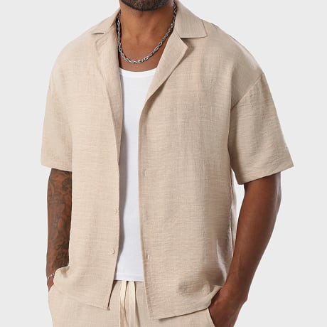 LBO - Camisa de Manga Corta Efecto Lino Amplia 1520 Beige Jaspeado