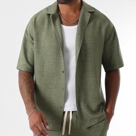 LBO - Camisa de Manga Corta Efecto Lino Ancha 2064 Verde Caqui