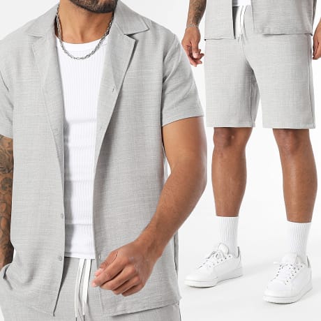 LBO - Short-sleeved Shirt and Linen Effect Short Set 2071 Gris Chiné