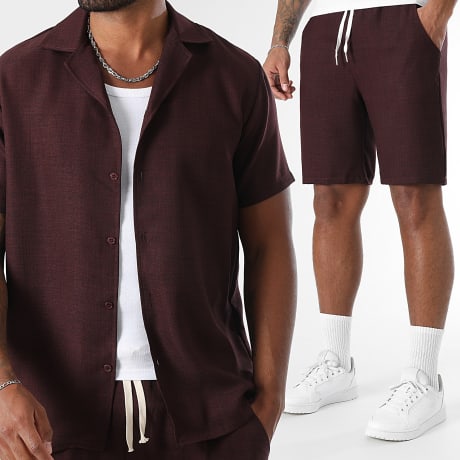 LBO - Tracksuit Short Sleeve Shirt And Linen Effect Short 2091 Burgundy