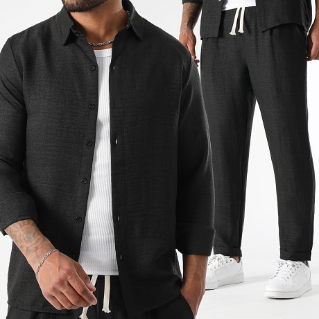 LBO - Long Sleeve Shirt and Linen Effect Trouser Set 2092 Black