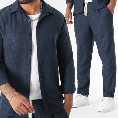 LBO - Conjunto Camisa de Mangas Largas y Pantalón Efecto Lino 2093 Azul Marino