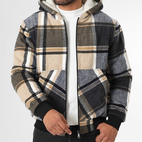 LBO - Zipped Hooded Jacket Plaid 1820 White Beige Navy Blue