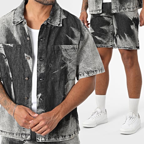 Uniplay - 231 Black Gray Short Sleeve Shirt And Jean Shorts Set