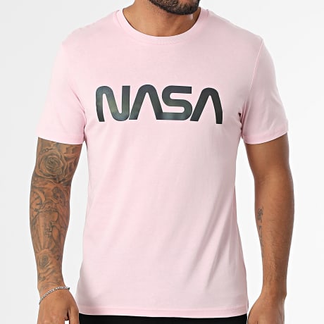 NASA - Camiseta Logo Gusano Negro Arco Iris Rosa Claro