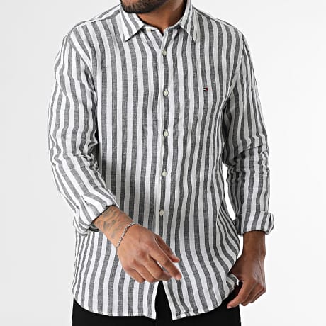 Tommy Hilfiger - Chemise Manches Longues Regular Fit En Lin Linen Bengal Stripes 9456 Blanc Noir