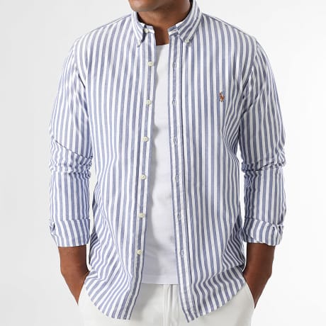 Polo Ralph Lauren - Chemise Manches Longues A Rayures Slim Oxford Bleu Marine Blanc