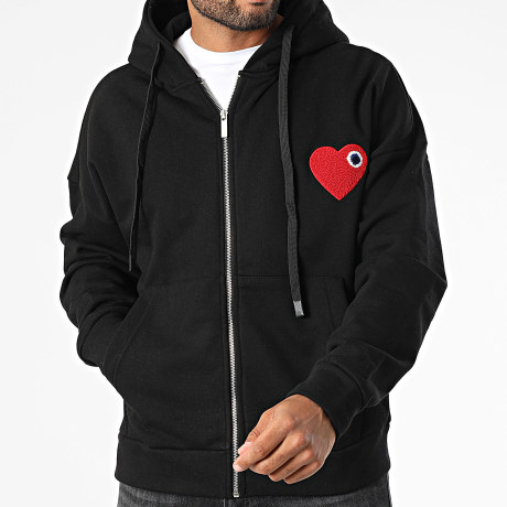 ADJ - Sweat Capuche Zippé Coeur Chic Noir Rouge