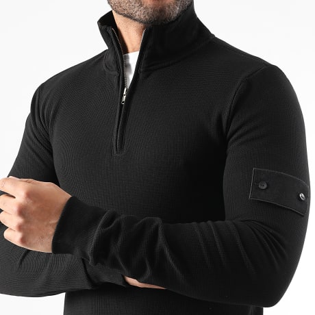 Classic Series - Hoodie Kraag Halve Rits Wafel Met Patch 3826 Zwart