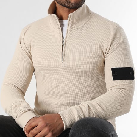 LBO - Hoodie Kraag Halve Rits Wafel Met Patch 3829 Lichtbeige