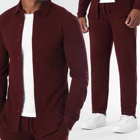 LBO - Co-ord Set Overhemd Lange Mouwen En Joggingbroek Waffle 3947 Bordeaux
