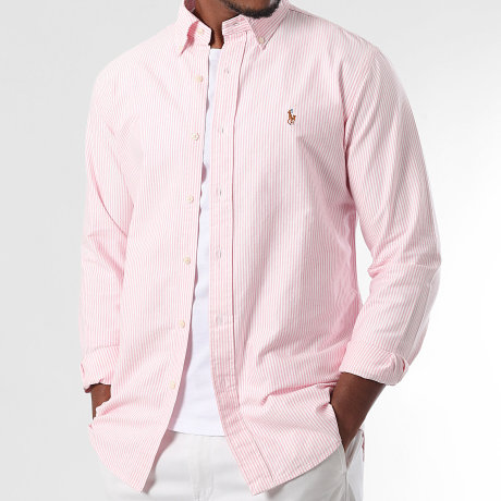 Polo Ralph Lauren - Camisa de manga larga Oxford de rayas rosa y blanca