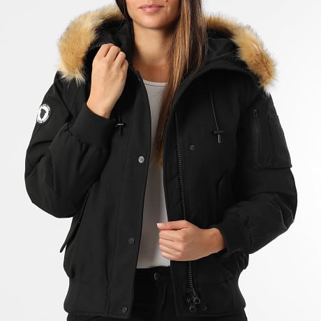 Comme Des Loups - Chaqueta de abrigo para mujer con capucha Madrid Fur Negro Beige