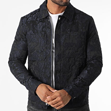 Frilivin - G28 Negro Azul Marino Floral Chaqueta con cremallera