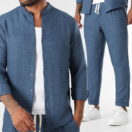 LBO - Co-ord Set Overhemd Lange Mouwen Officerkraag En Broek Linnen Effect 2293 Marineblauw Gemêleerd