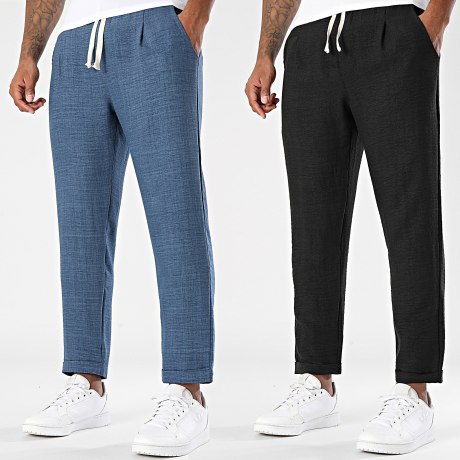 LBO - Lot De 2 Pantalons Effet Lin 2297 Noir Bleu Marine