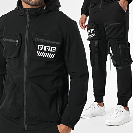 MTX - 538 Conjunto de chaqueta negra con capucha y cremallera y pantalón cargo