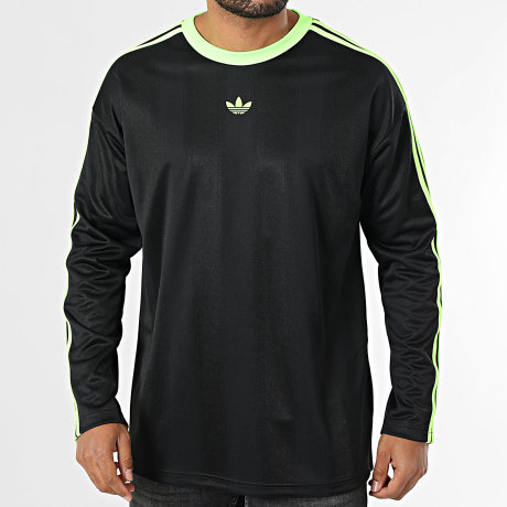 Adidas Originals - Tee Shirt Manches Longues A Bandes Jacquard Jersey JX1518 Noir Vert Fluo