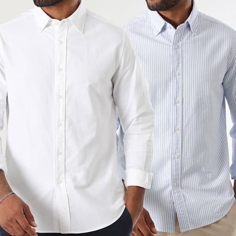 Premium Basics - Conjunto de 2 camisas Oxford de manga comprida 0012 0005 Branco Azul Riscas brancas