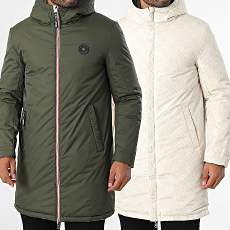 Kymaxx - Parka Reversible Capucha Zippé Verde Khaki Beige