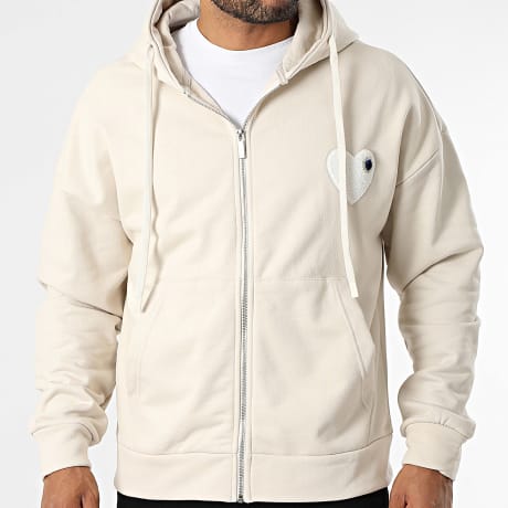 ADJ - Sweat Capuche Zippé Coeur Chic Beige Blanc