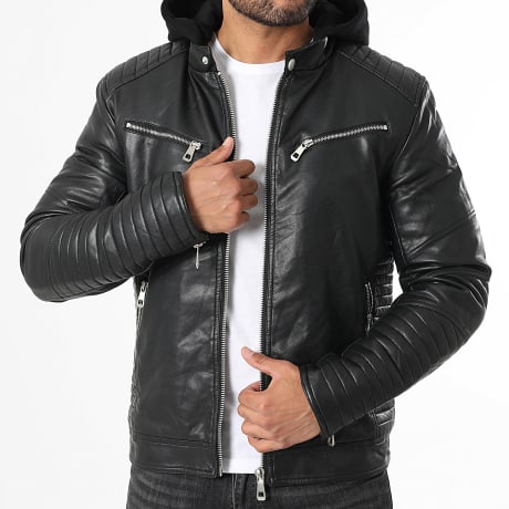 Kymaxx - Cazadora motera con capucha en polipiel negra
