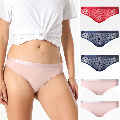 Tommy Hilfiger - Pack de 5 Strings De Encaje Mujer Thong 6136 Azul Marino Rojo Rosa