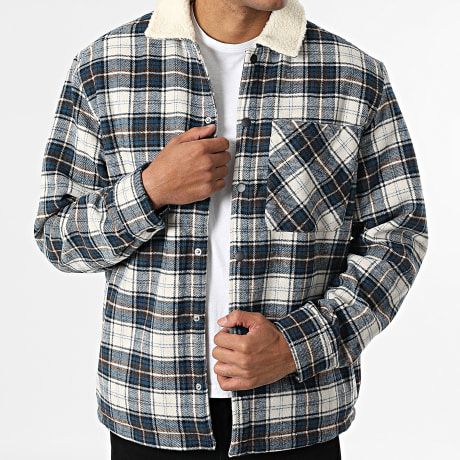 Jack And Jones - Surchemise Col Mouton A Carreaux Zac Teddy Blanc Bleu Marine