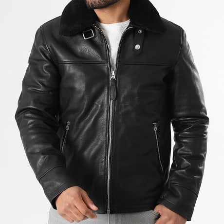 Schott NYC - Chaqueta de Cuero Cuello de Borrego Classic Zip Negro