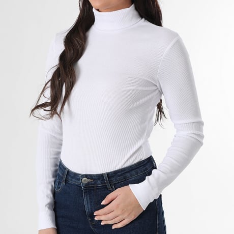 Only - Tee Shirt Manches Longues Rib Femme Lucky Blanc