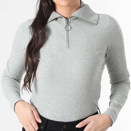 Only - Tee Shirt Manches Longues Col Zippé Femme Effi Gris