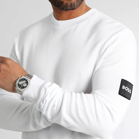 BOSS - Sweat Crewneck Waffle Patch Blanc Exclusivité LaBoutiqueOfficielle