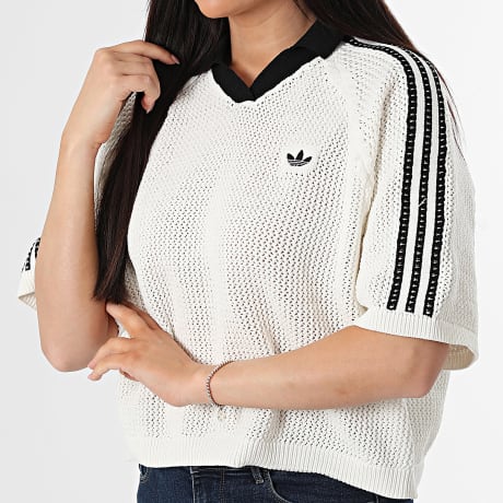 Adidas Originals - Polo Manga Corta Con Rayas Mujer Crochet KC6490 Beige Negro