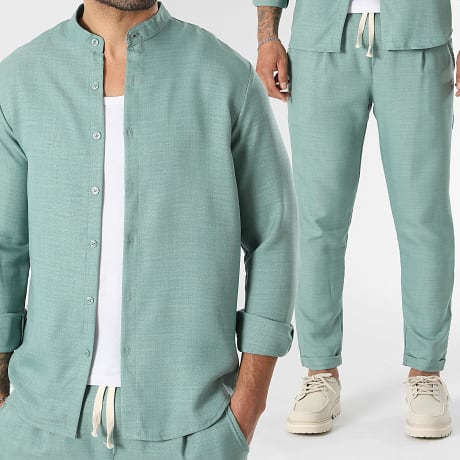 LBO - Tracksuit Long Sleeve Shirt Officer Collar And Trousers Linen Effect 2466 Sage Green