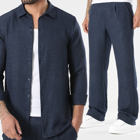 LBO - Conjunto Camisa Manga Larga Cuello Clásico Y Pantalón Flare Efecto Lino 2474 Azul Marino