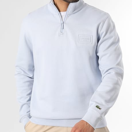 Lacoste - Sweat Col Zippé Logo Relief Bleu Clair