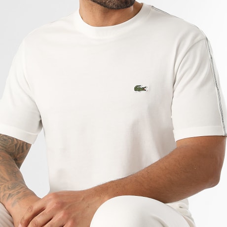 Lacoste - Camiseta Con Bandas Regular Fit Logo Bordado Cocodrilo Blanco