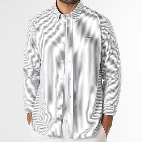 Lacoste - Chemise Manches Longues A Rayures Logo Brodé Crocodile Blanc Vert Foncé