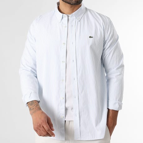 Lacoste - Chemise Manches Longues A Rayures Logo Brodé Crocodile Blanc Bleu Clair