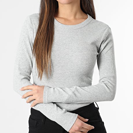 Only - Tee Shirt Rib Manches Longues Femme Val Life Gris Chiné