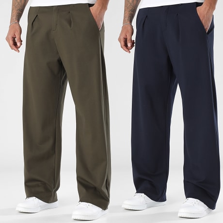 LBO - Lot De 2 Pantalons Habillés Larges A Plis 2379 2380 Bleu Marine Vert Kaki
